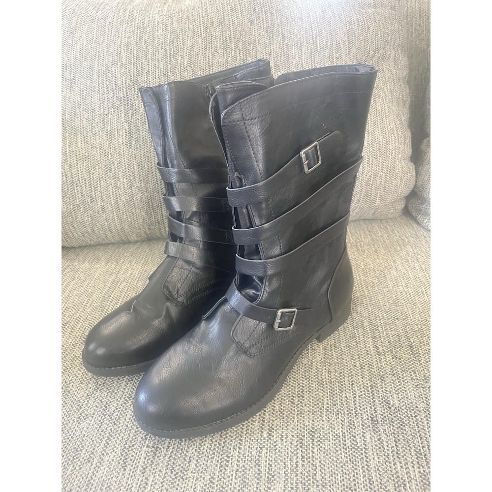 Torrid Black PU Buckle Mid Shaft Biker Boots Women's Size 11.5 WW Wide Width